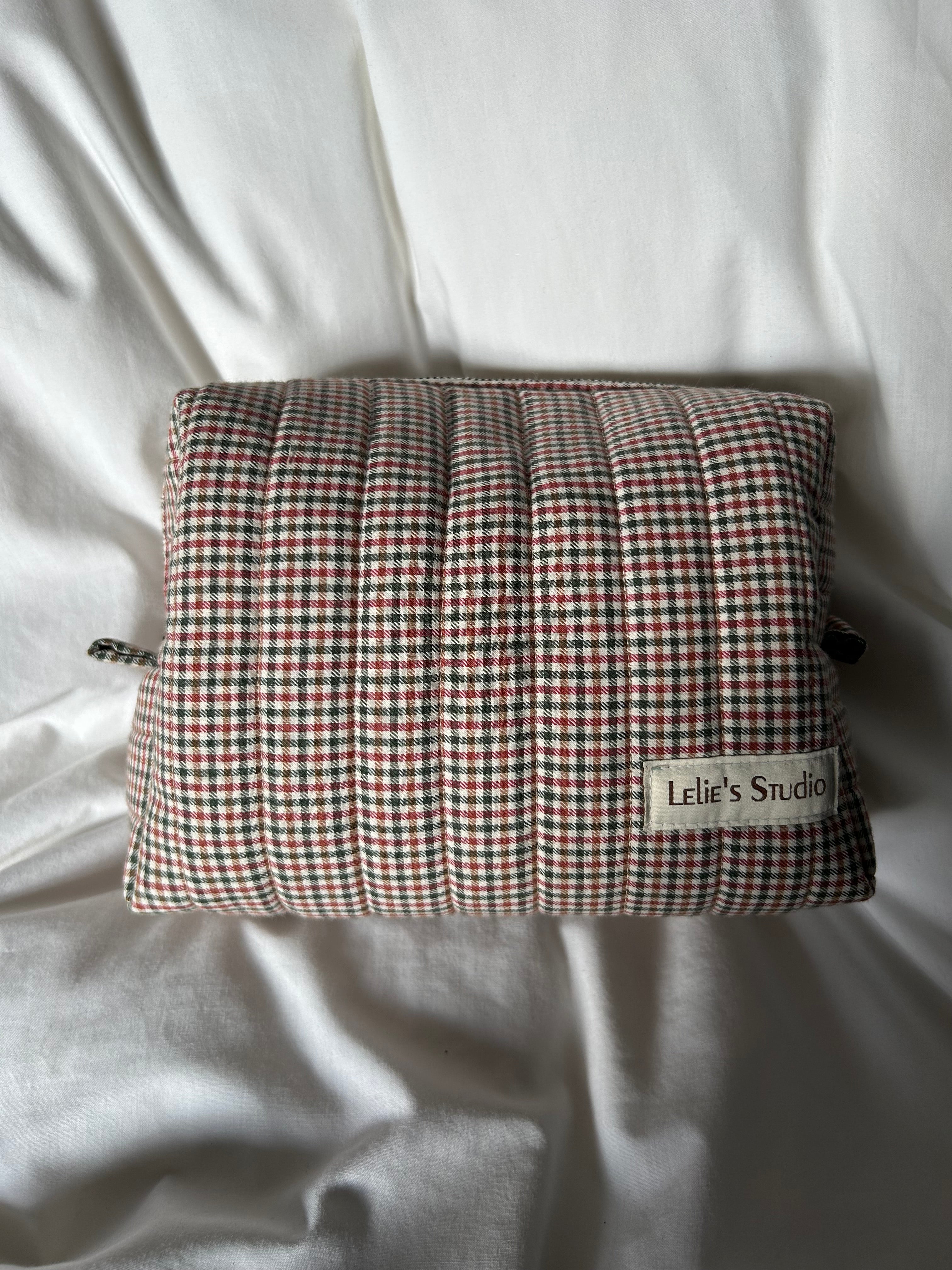 Green, brown and red makeup bag
