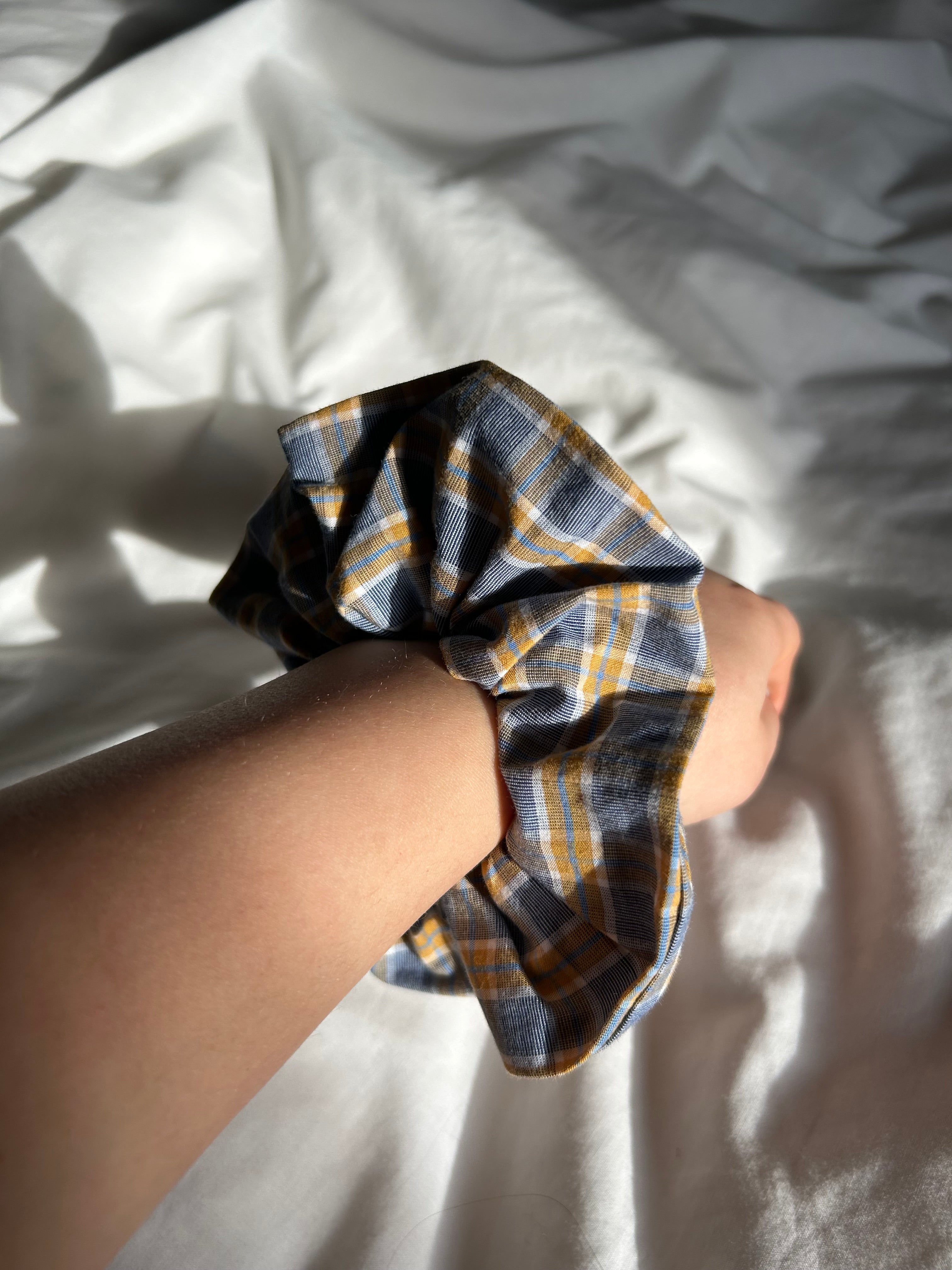 Blue and yellow plaid scrunchie