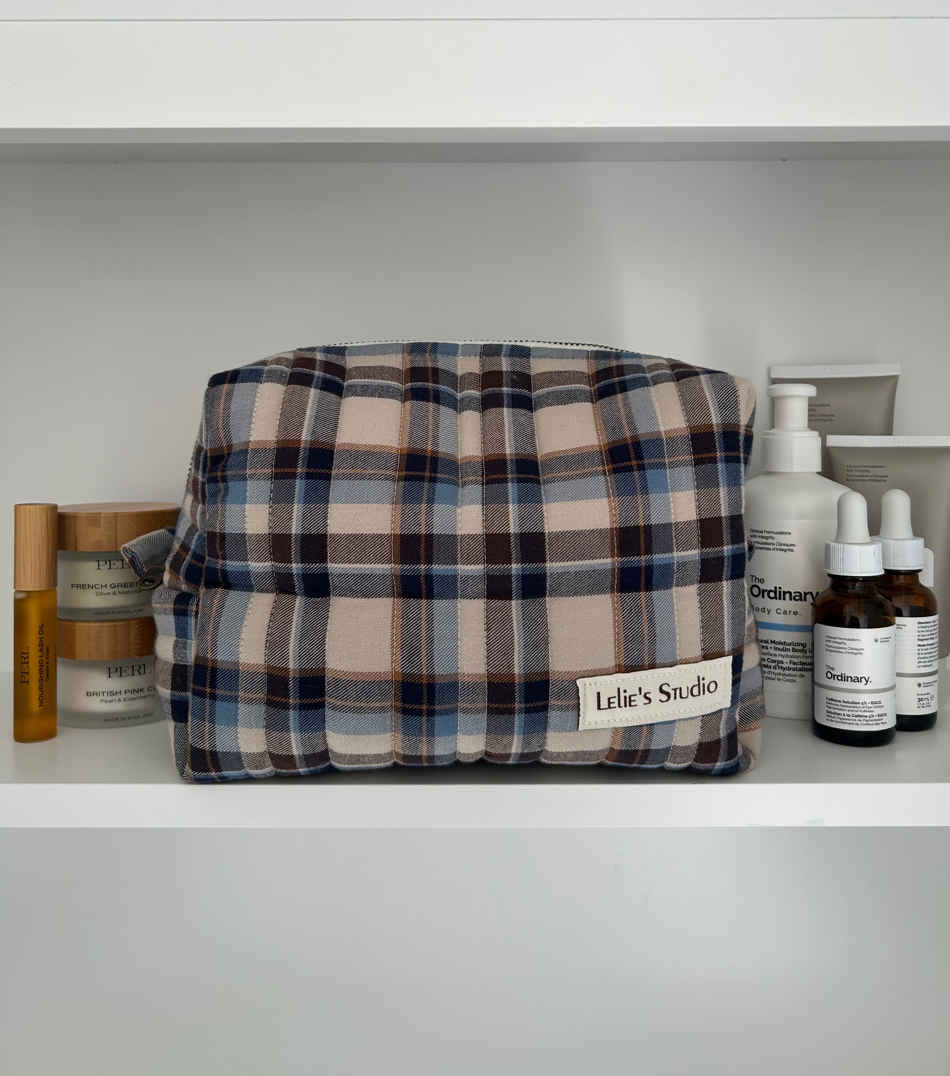Brown and blue makeup bag