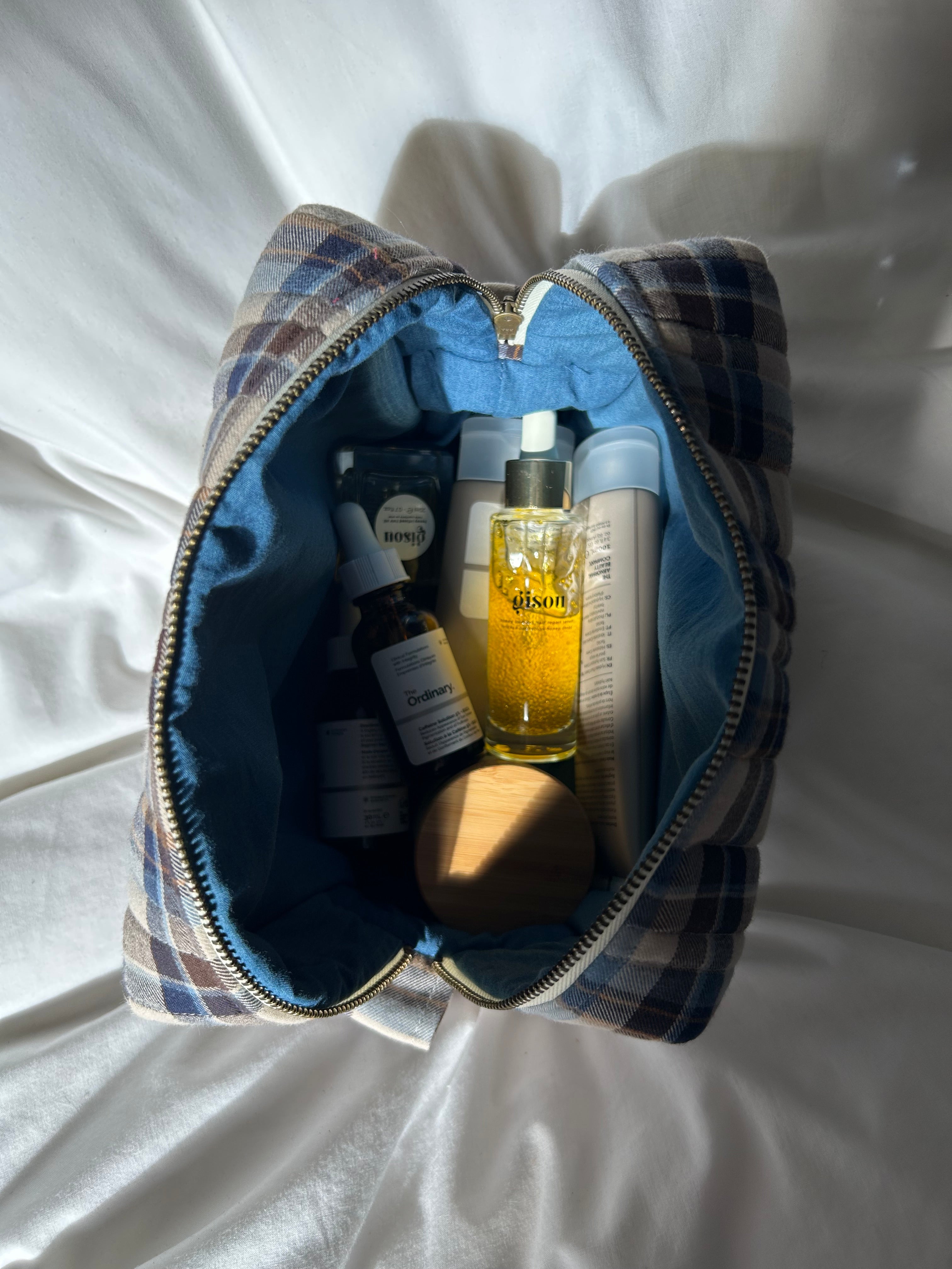 Brown and blue makeup bag