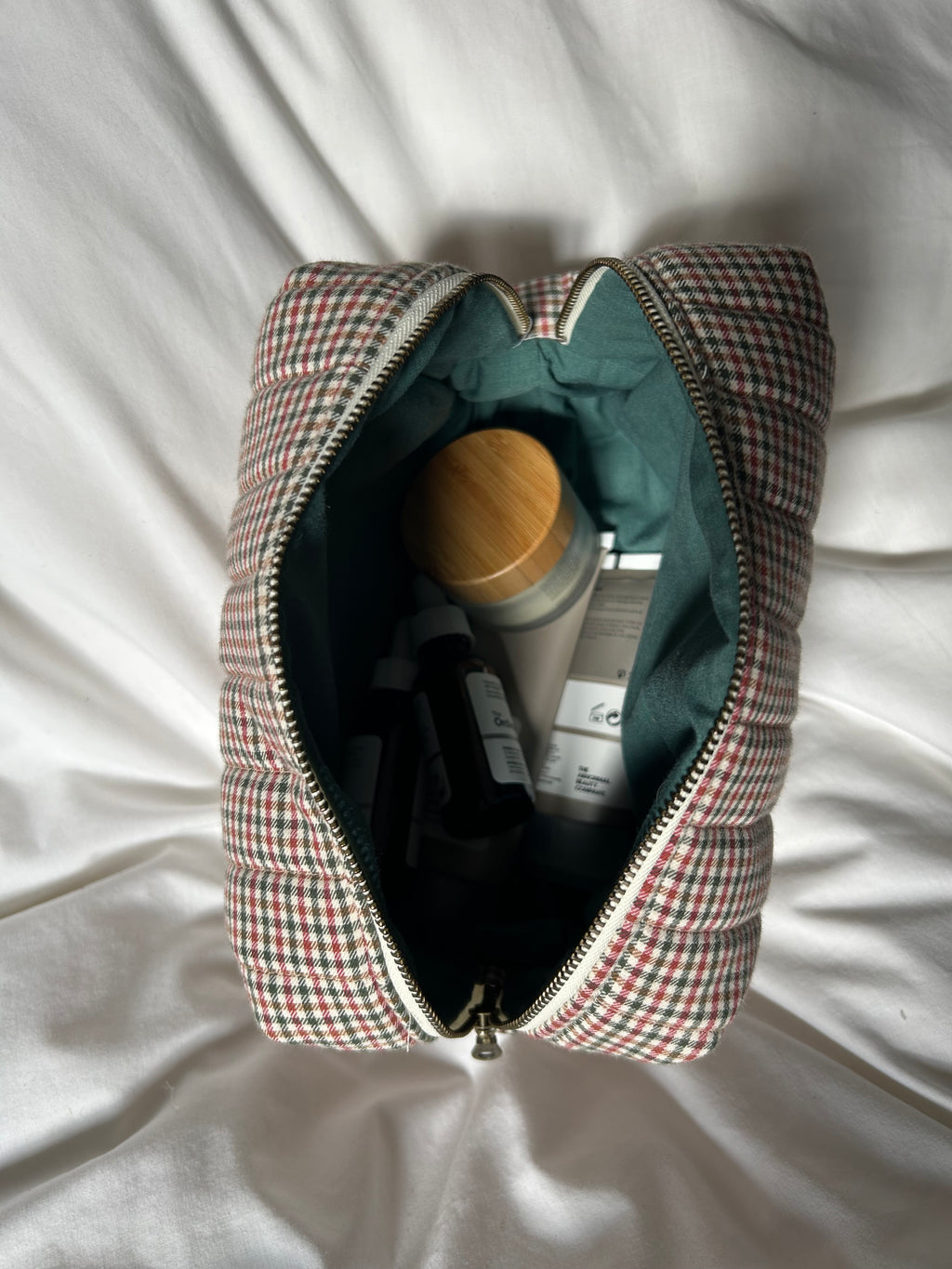 Green, brown and red makeup bag