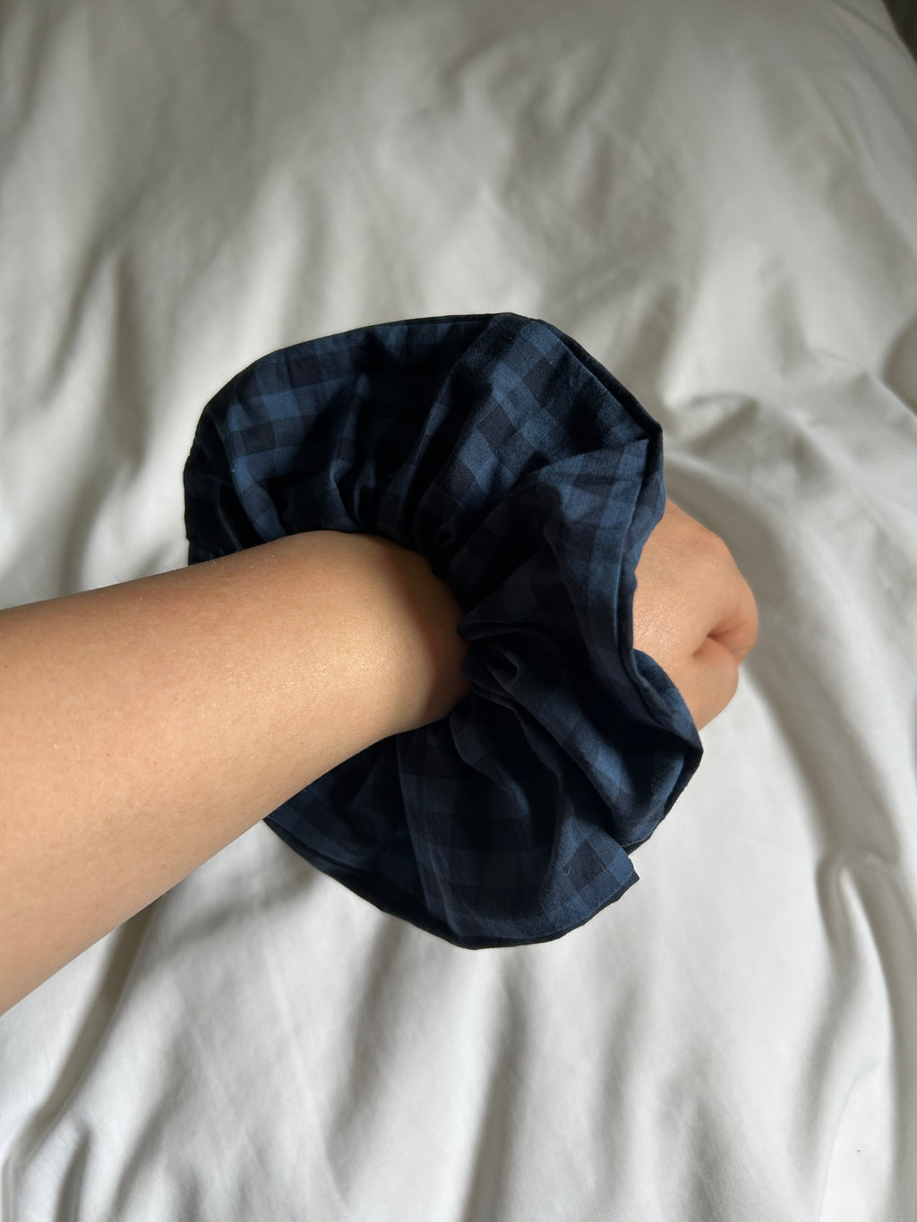 Blue and black checkered scrunchie