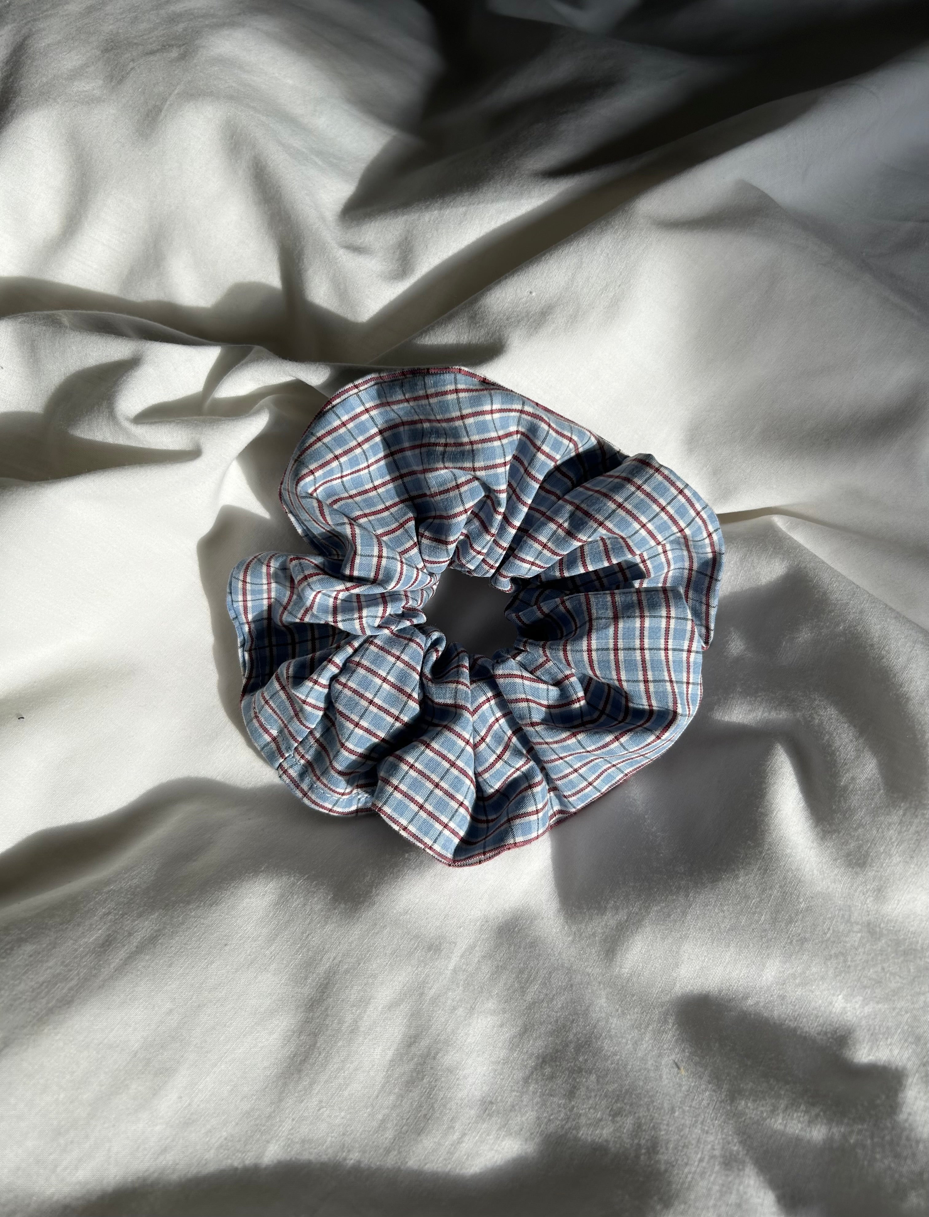 Blue white and brown scrunchie