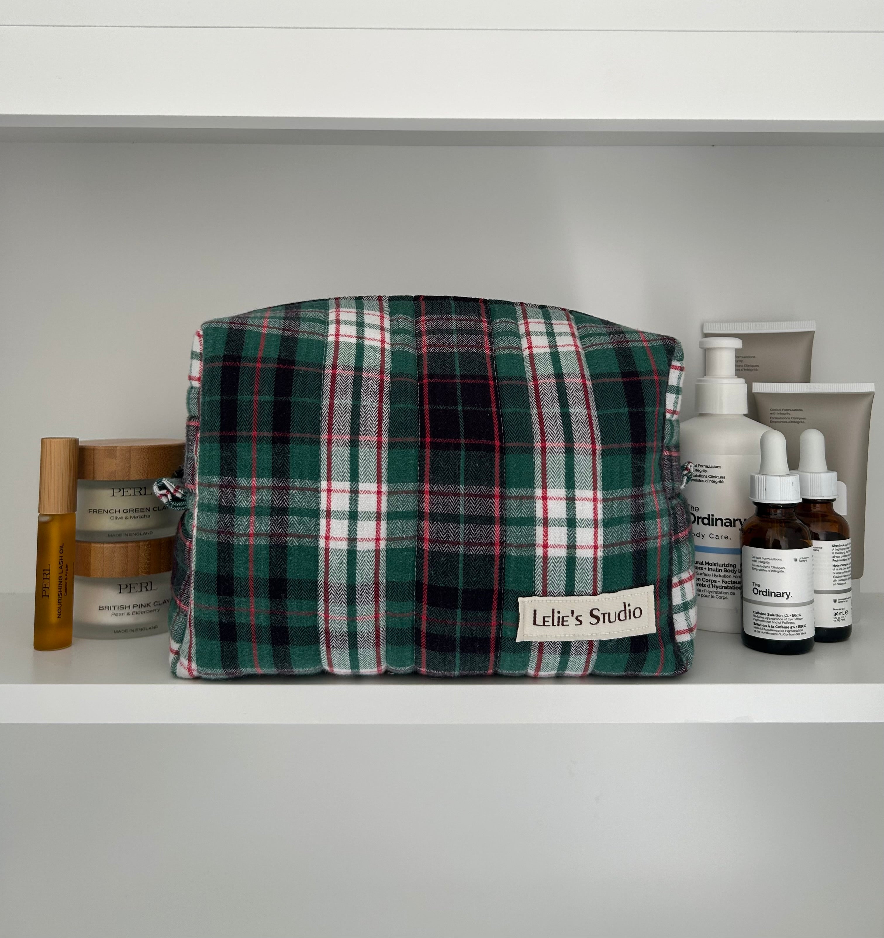 Green and red makeup bag