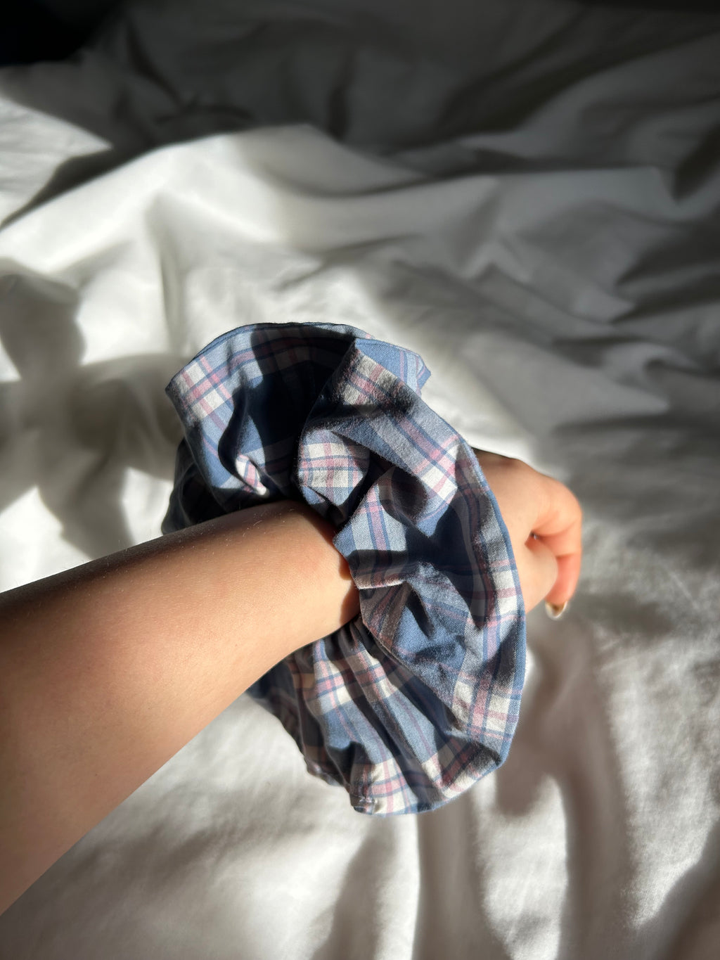 Blue and pink gingham scrunchie