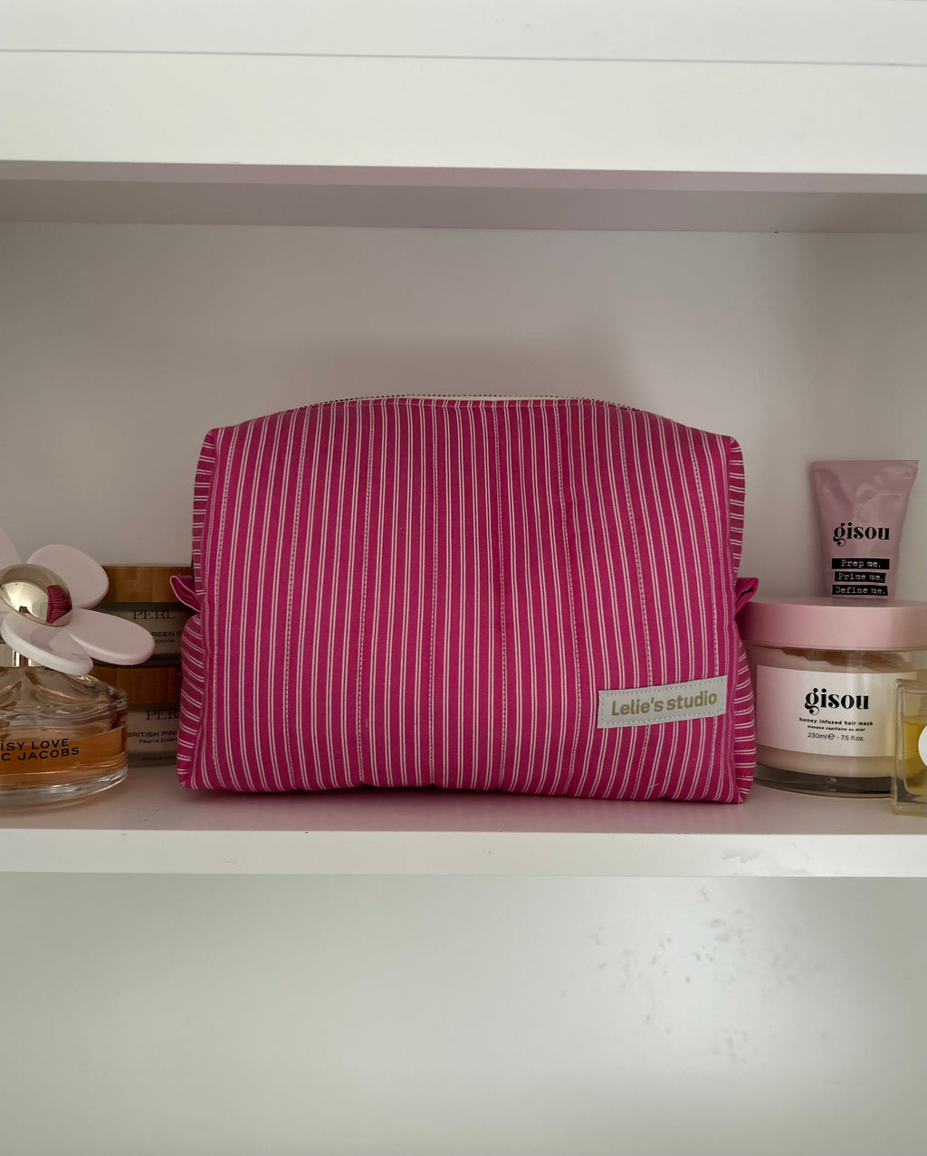 Pink and white makeup bag