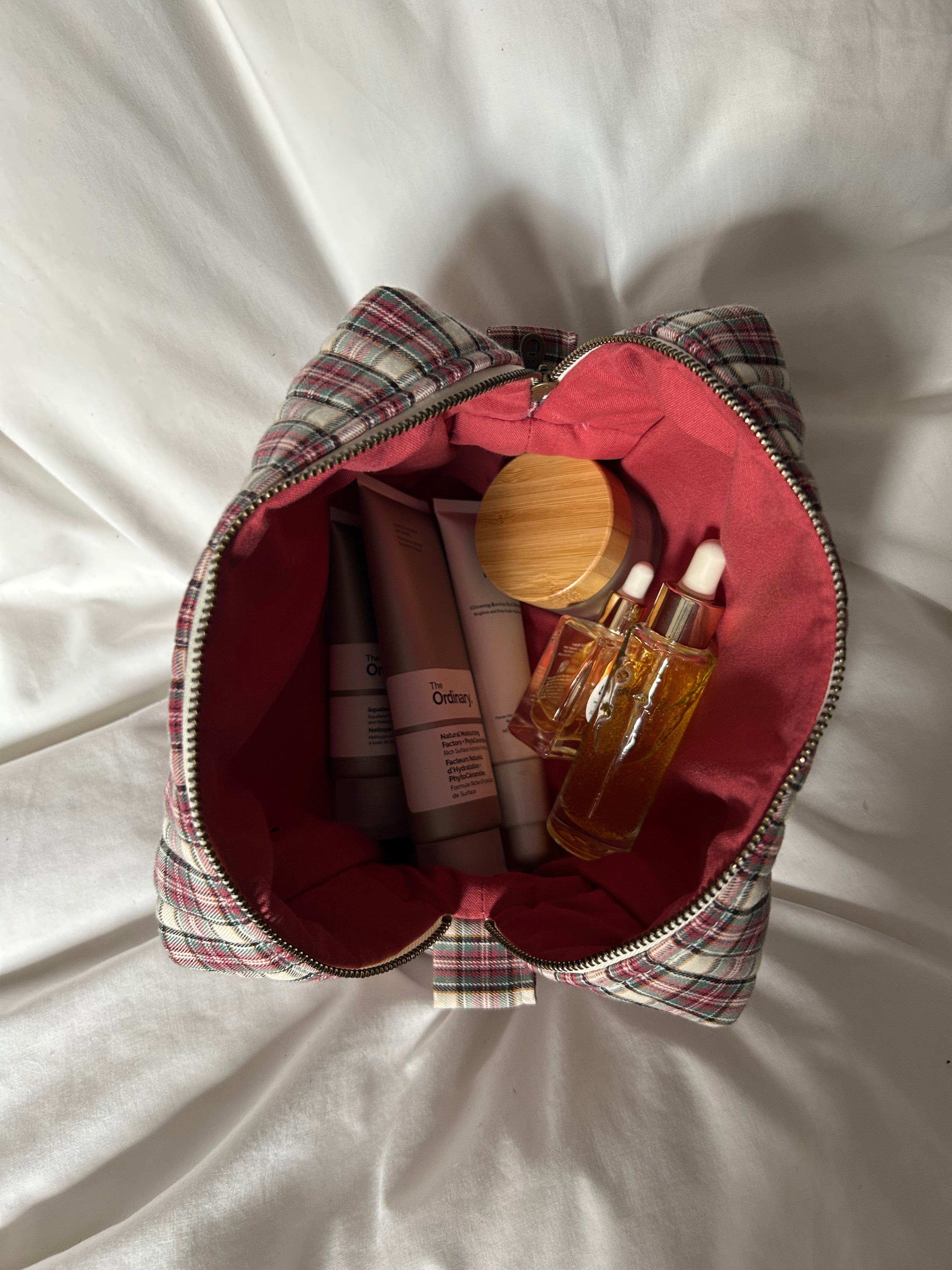 Pink and brown makeup bag