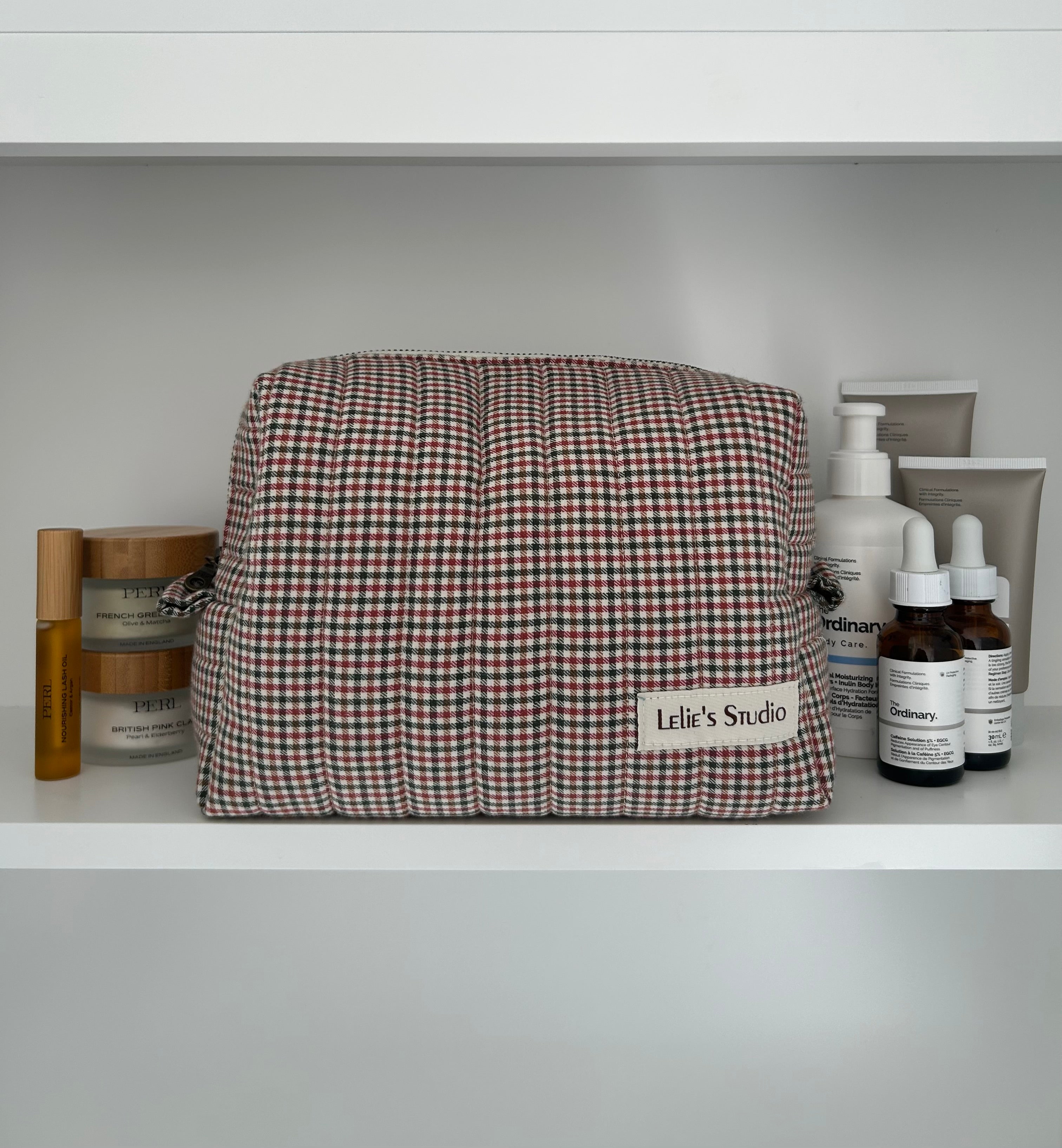 Green, brown and red makeup bag