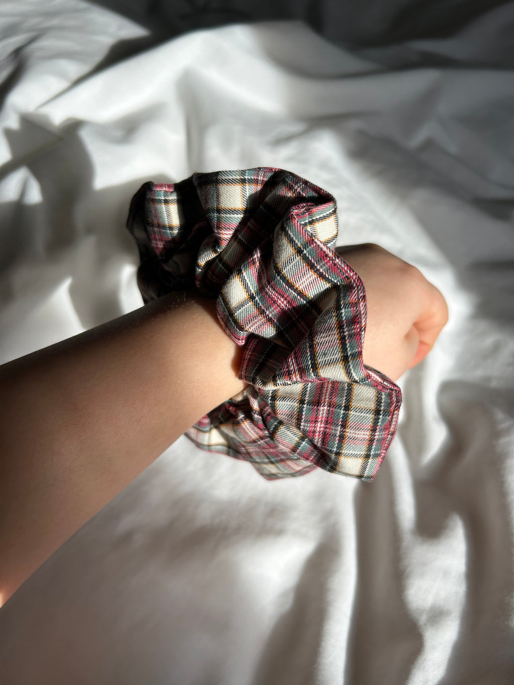 Pink and brown plaid scrunchie