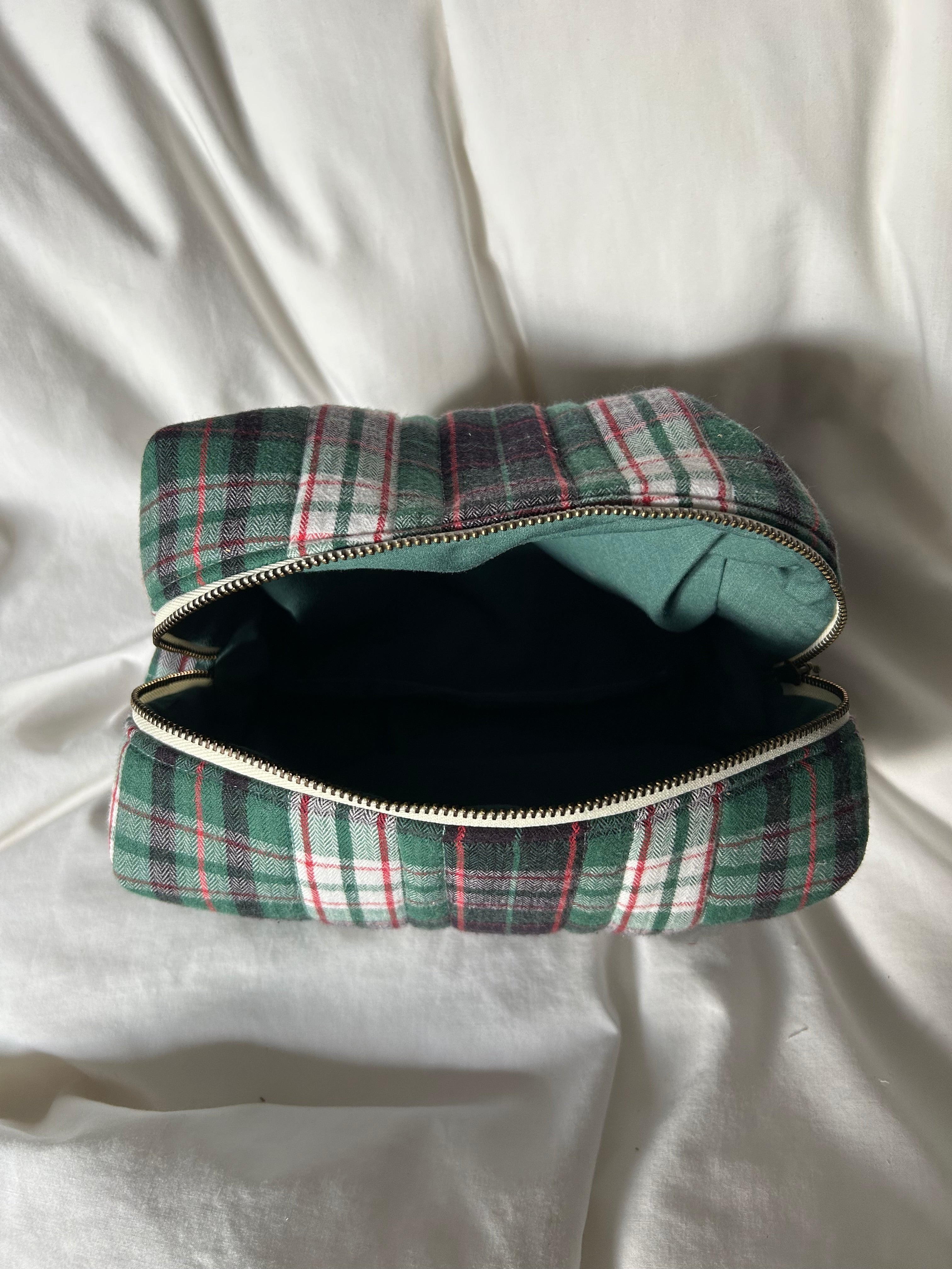 Green and red makeup bag