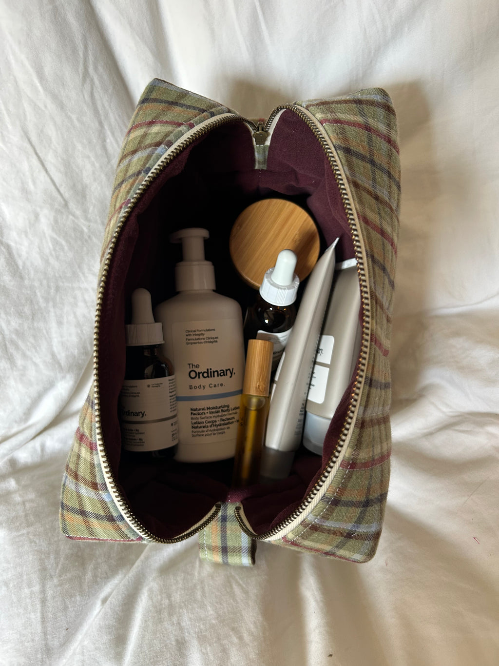 Green, red and blue makeup bag