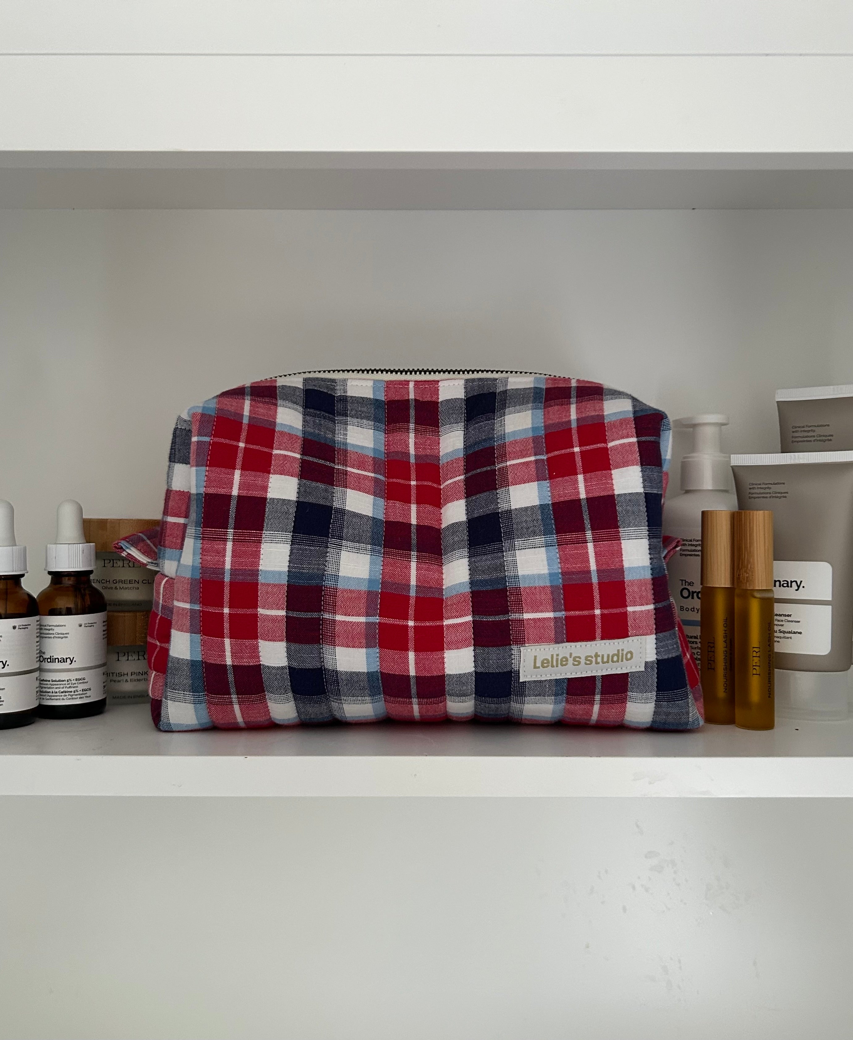 Red and blue makeup bag