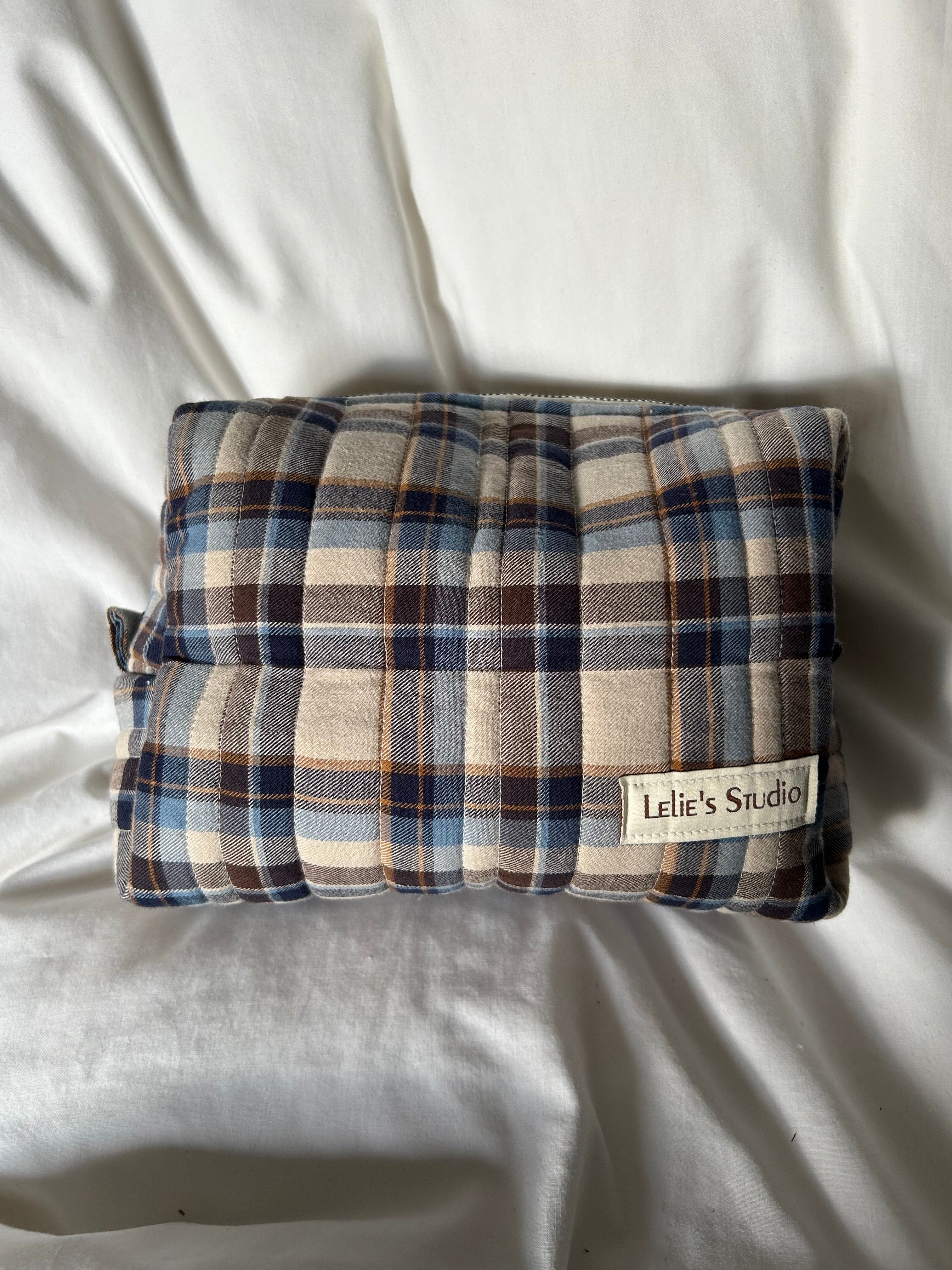 Brown and blue makeup bag