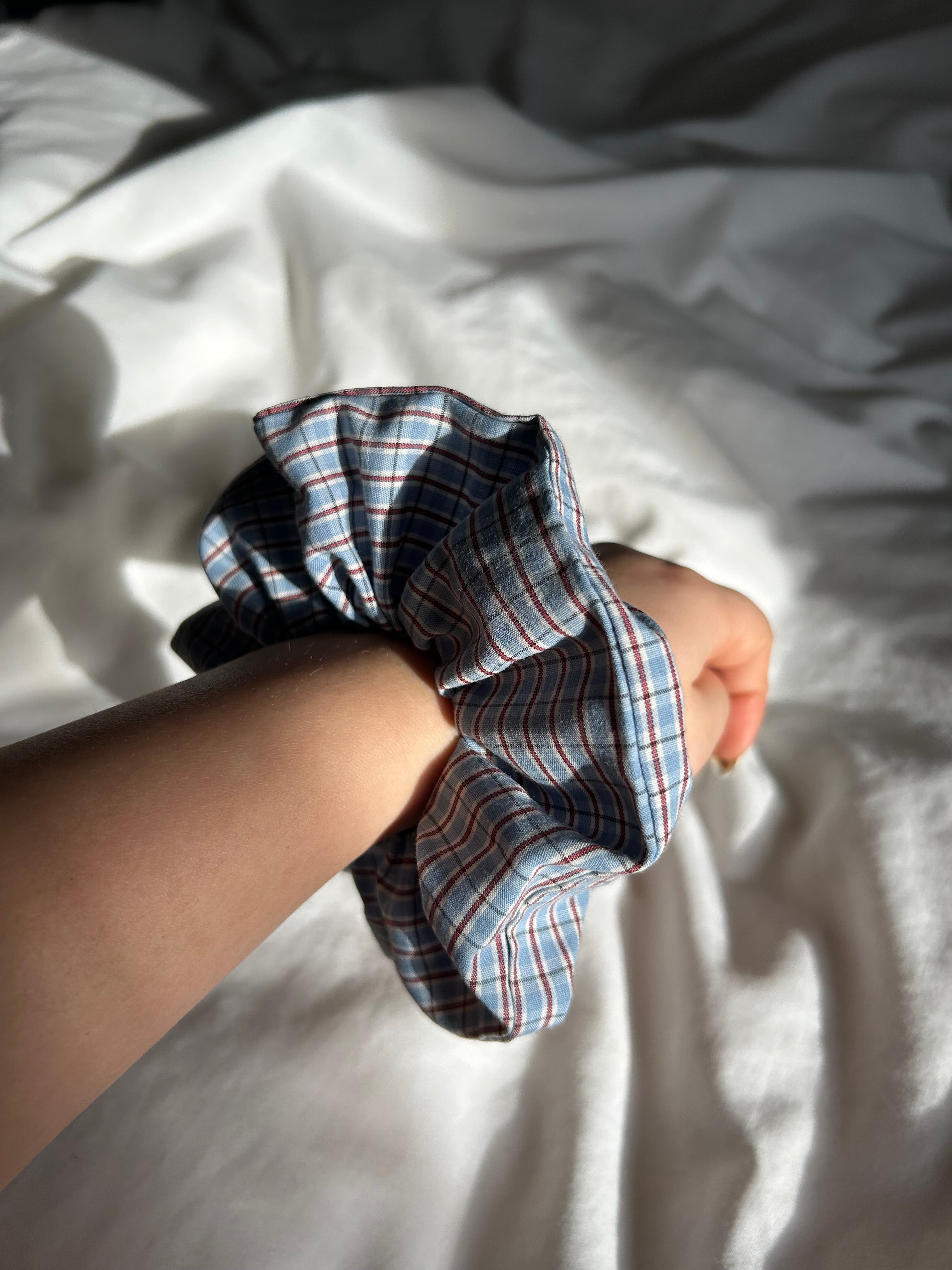 Blue white and brown scrunchie