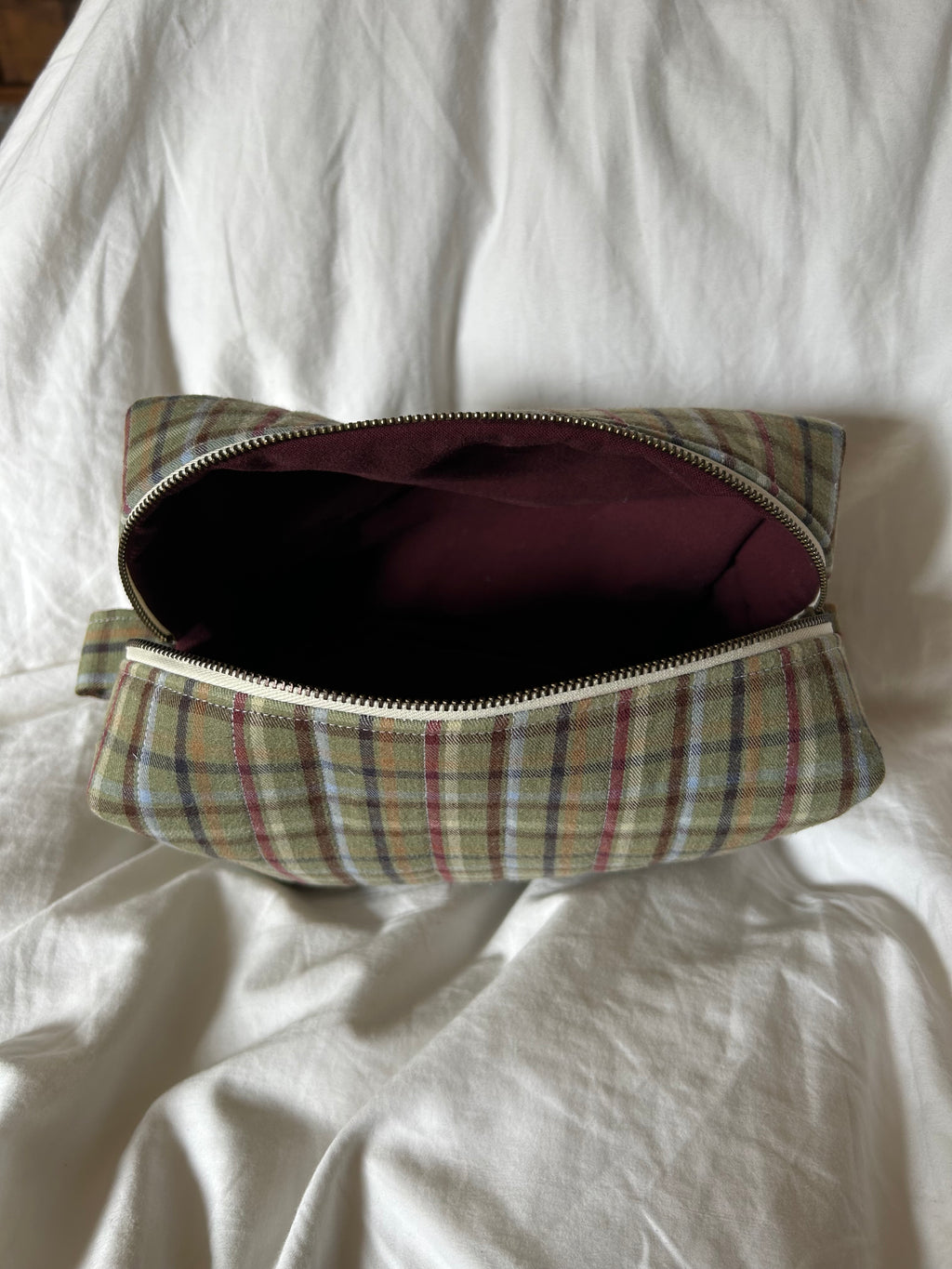 Green, red and blue makeup bag