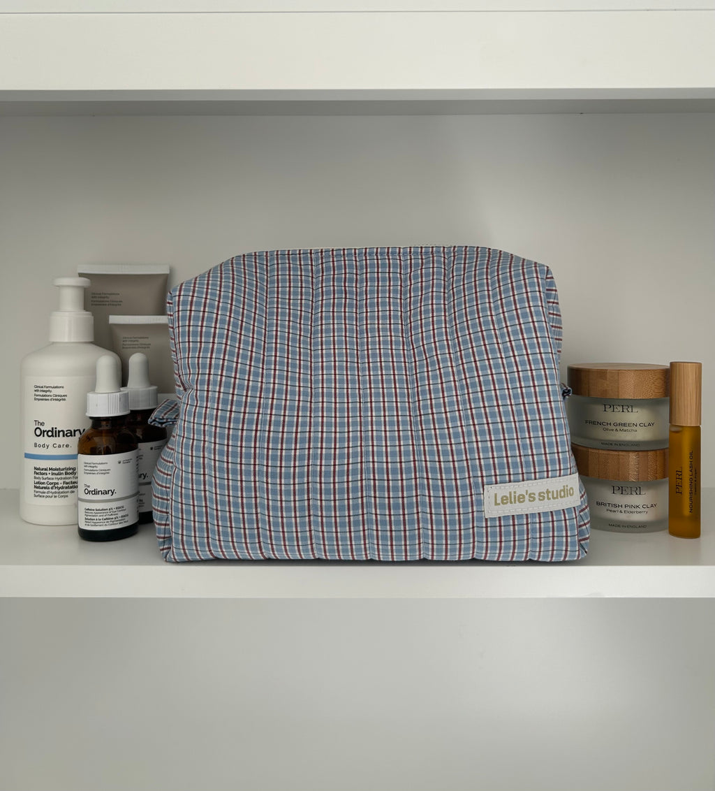 Blue and brown makeup bag