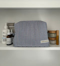 Blue and brown makeup bag