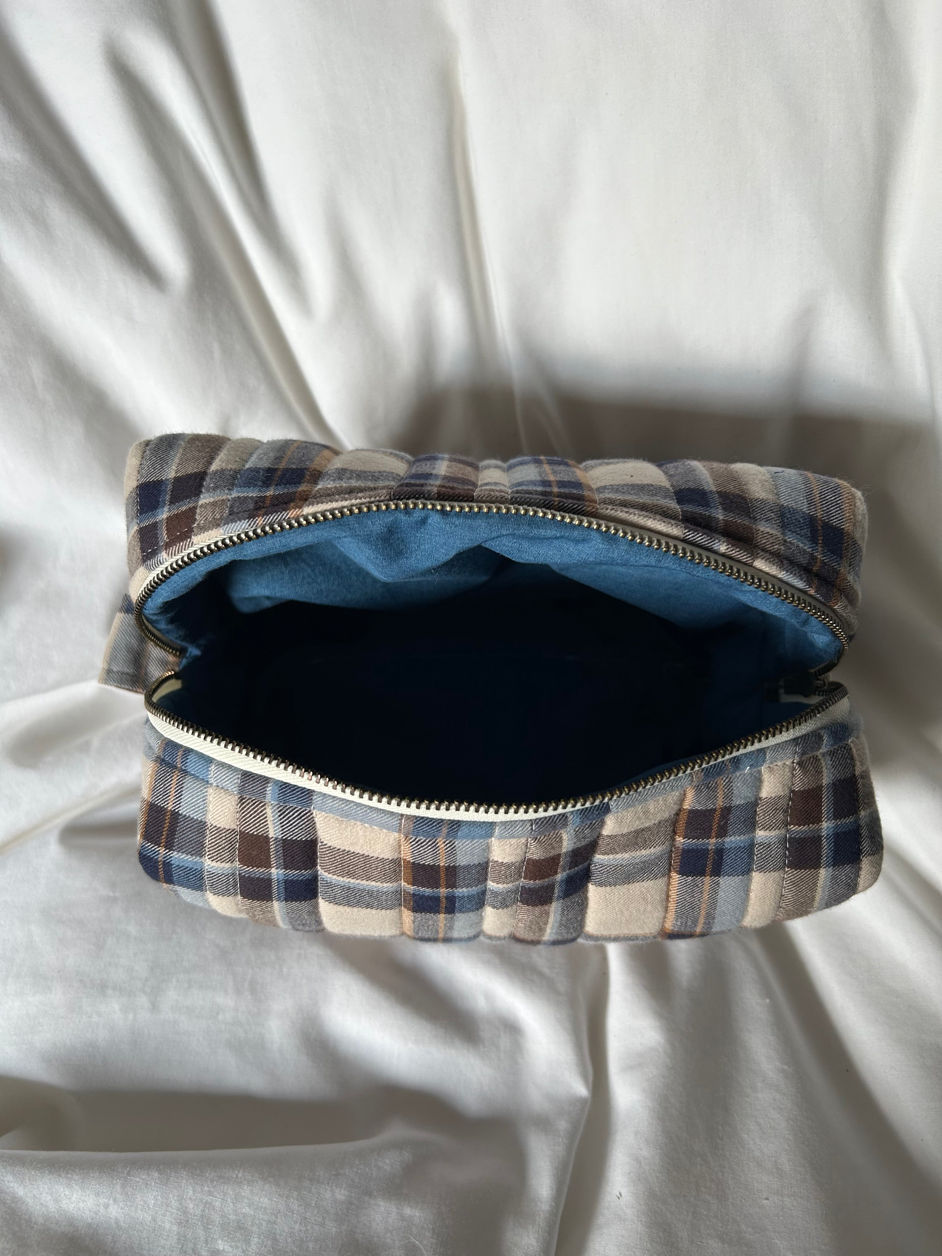 Brown and blue makeup bag