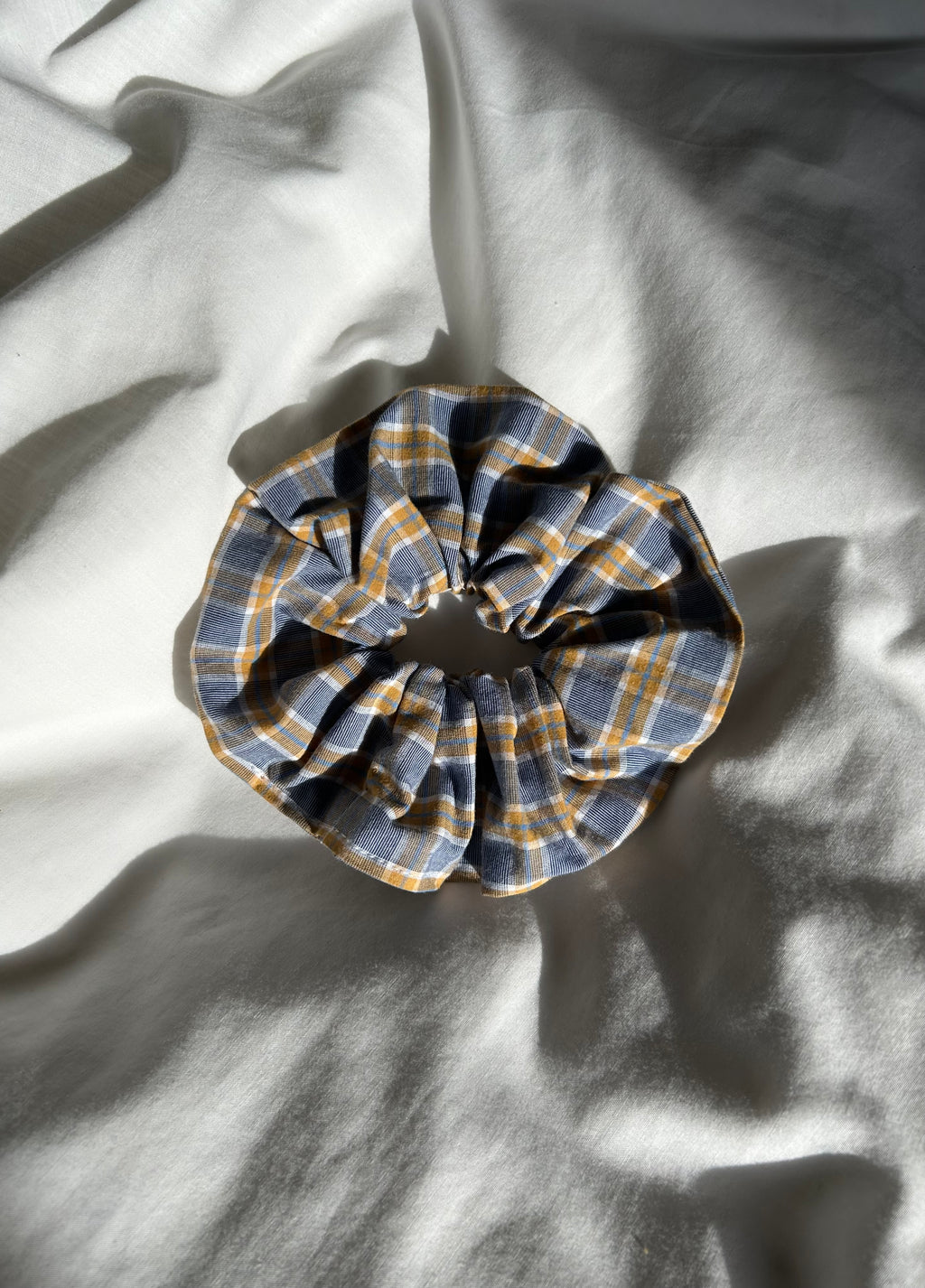 Blue and yellow plaid scrunchie