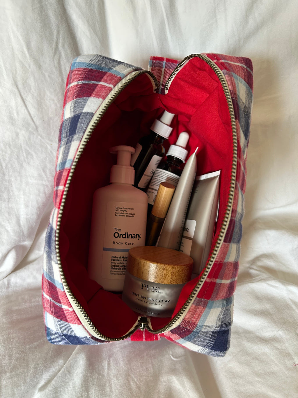 Red and blue makeup bag