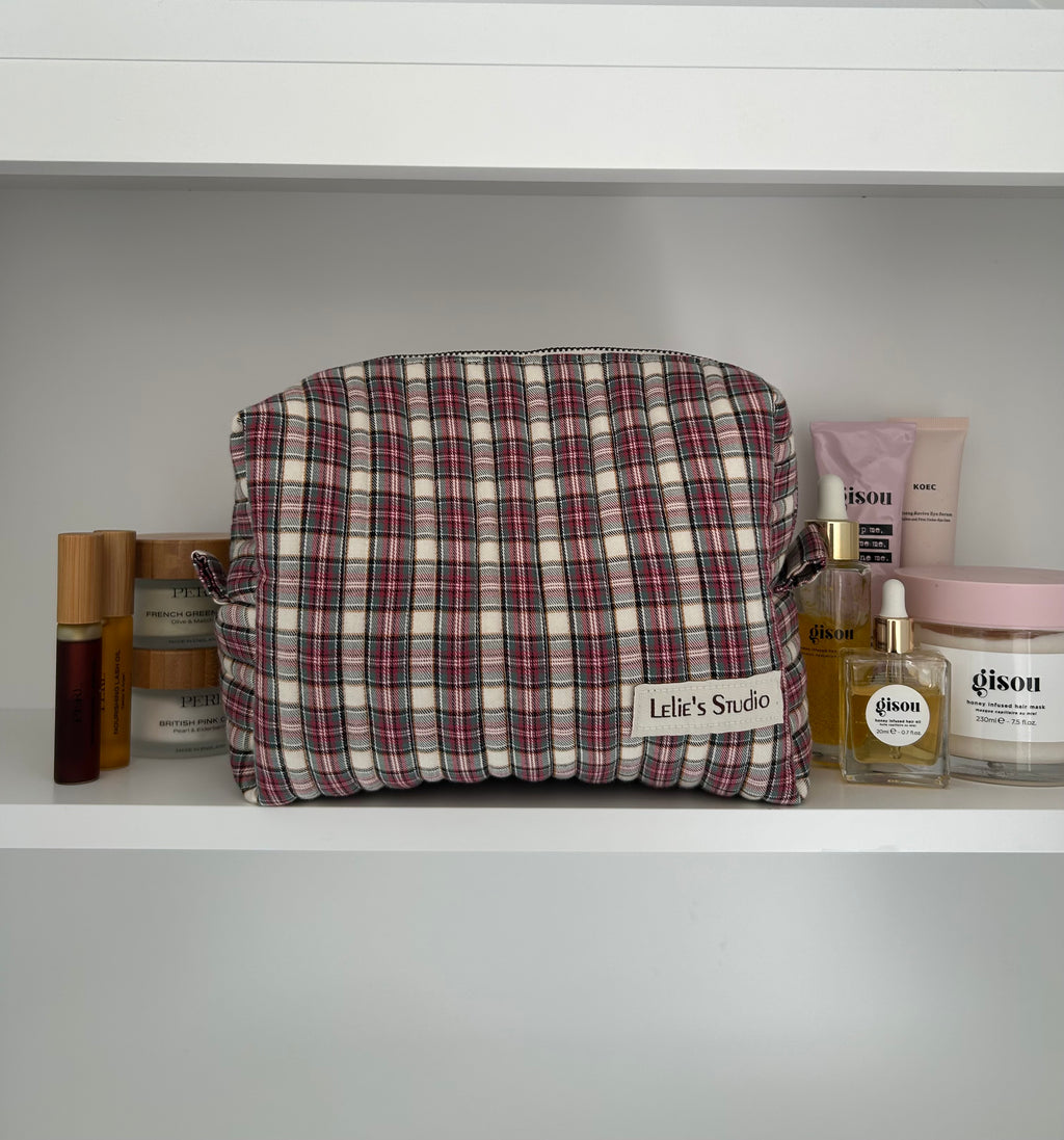 Pink and brown makeup bag