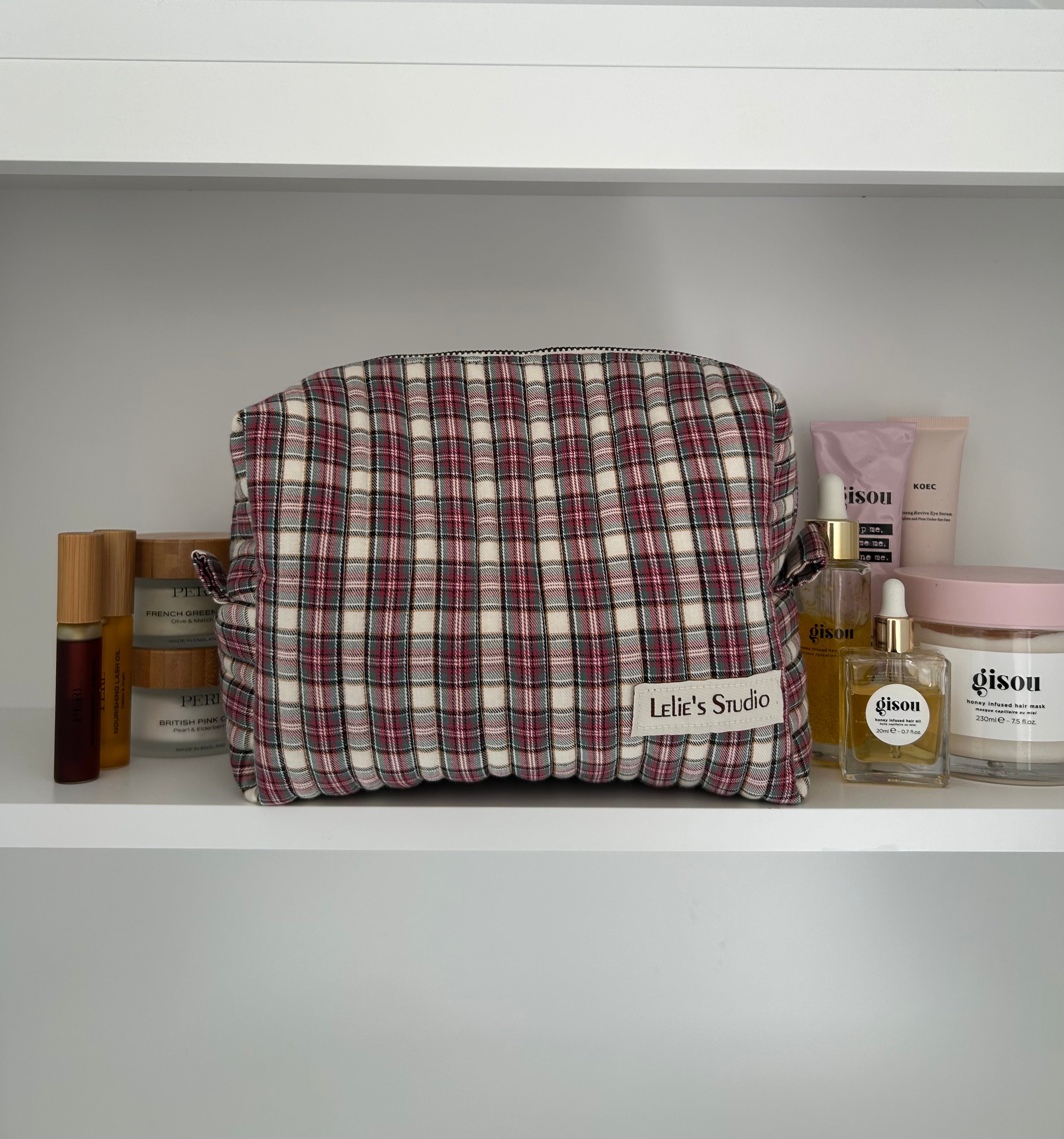 Pink and brown makeup bag