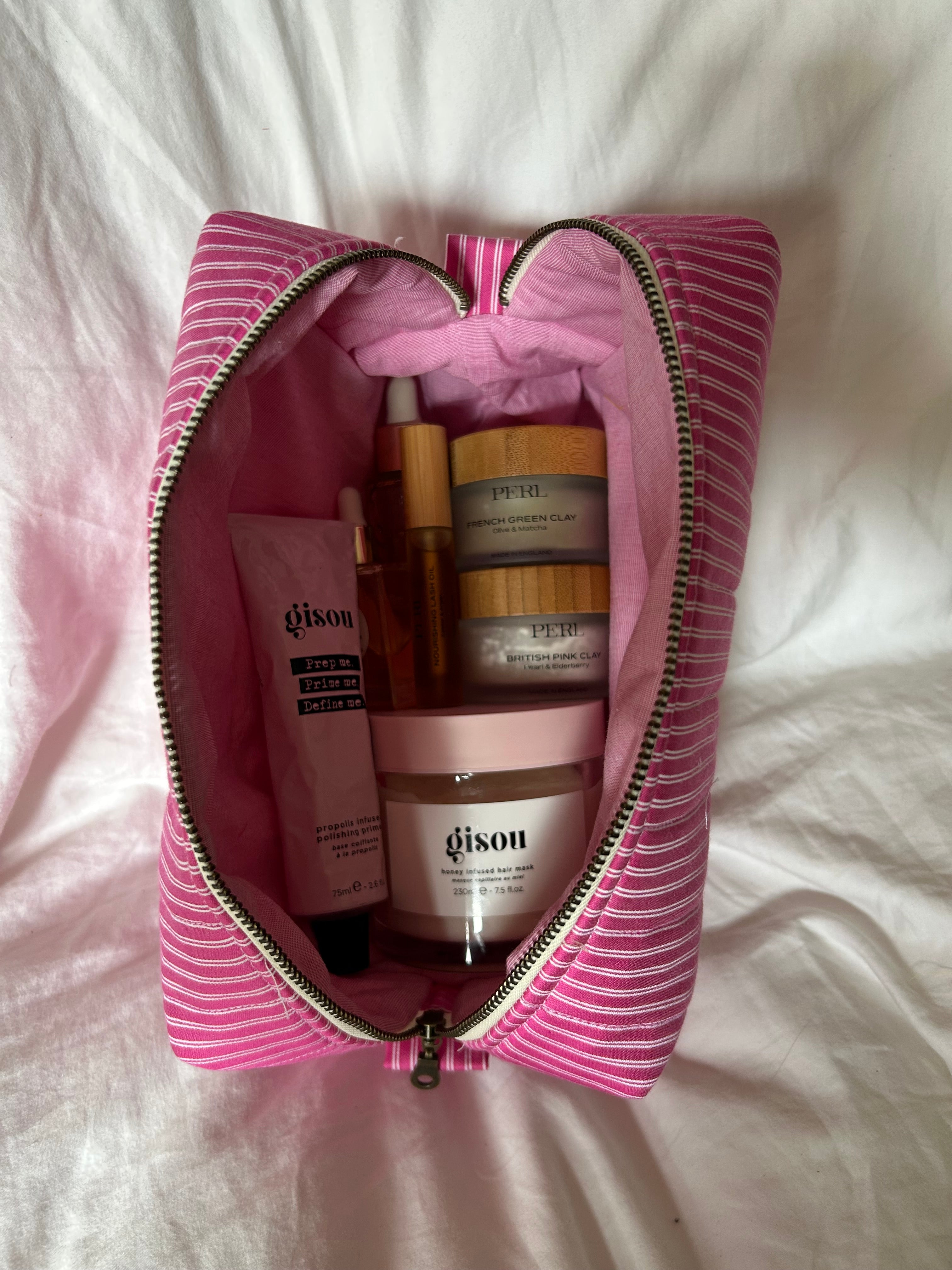 Pink and white makeup bag