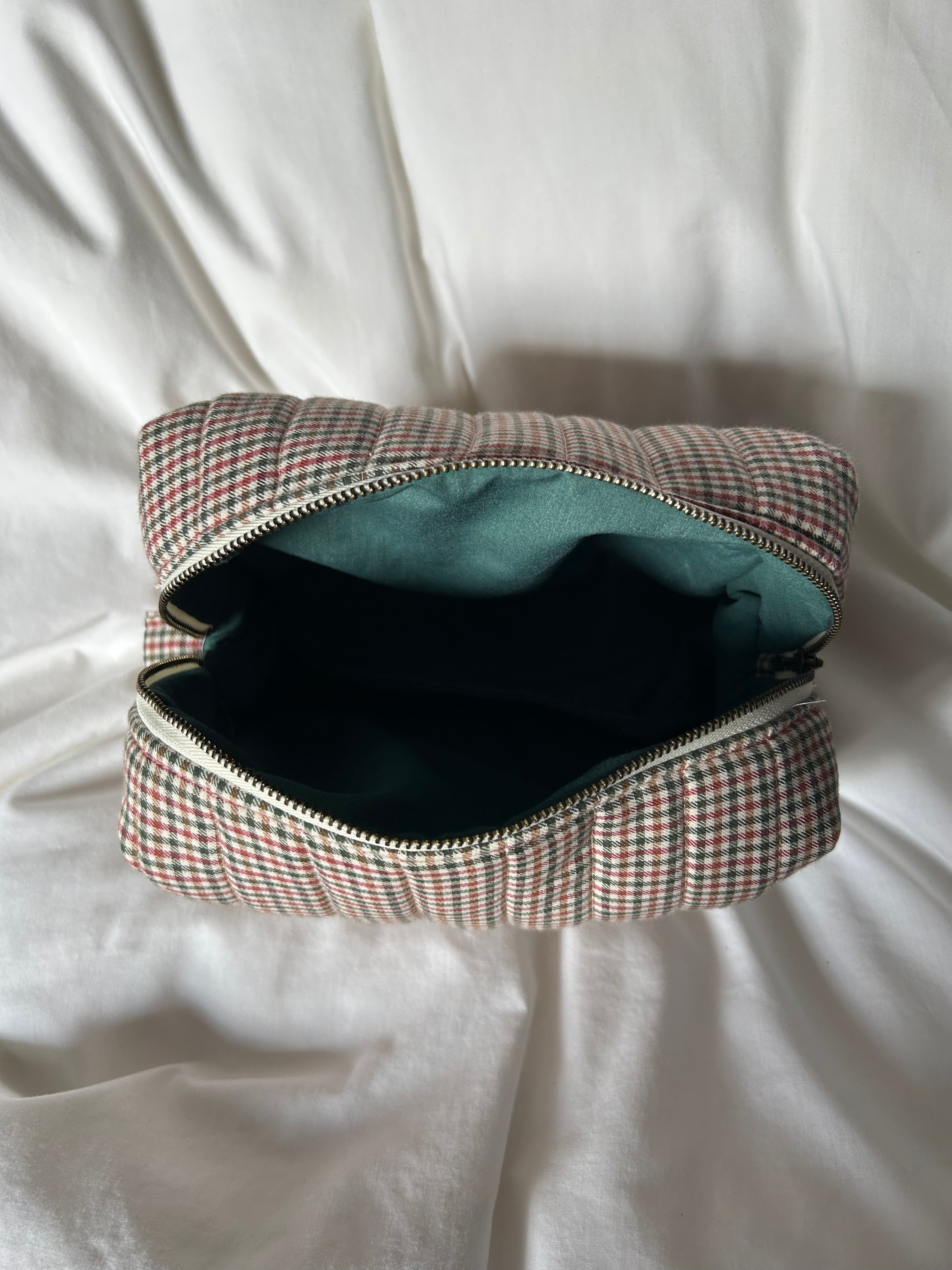 Green, brown and red makeup bag