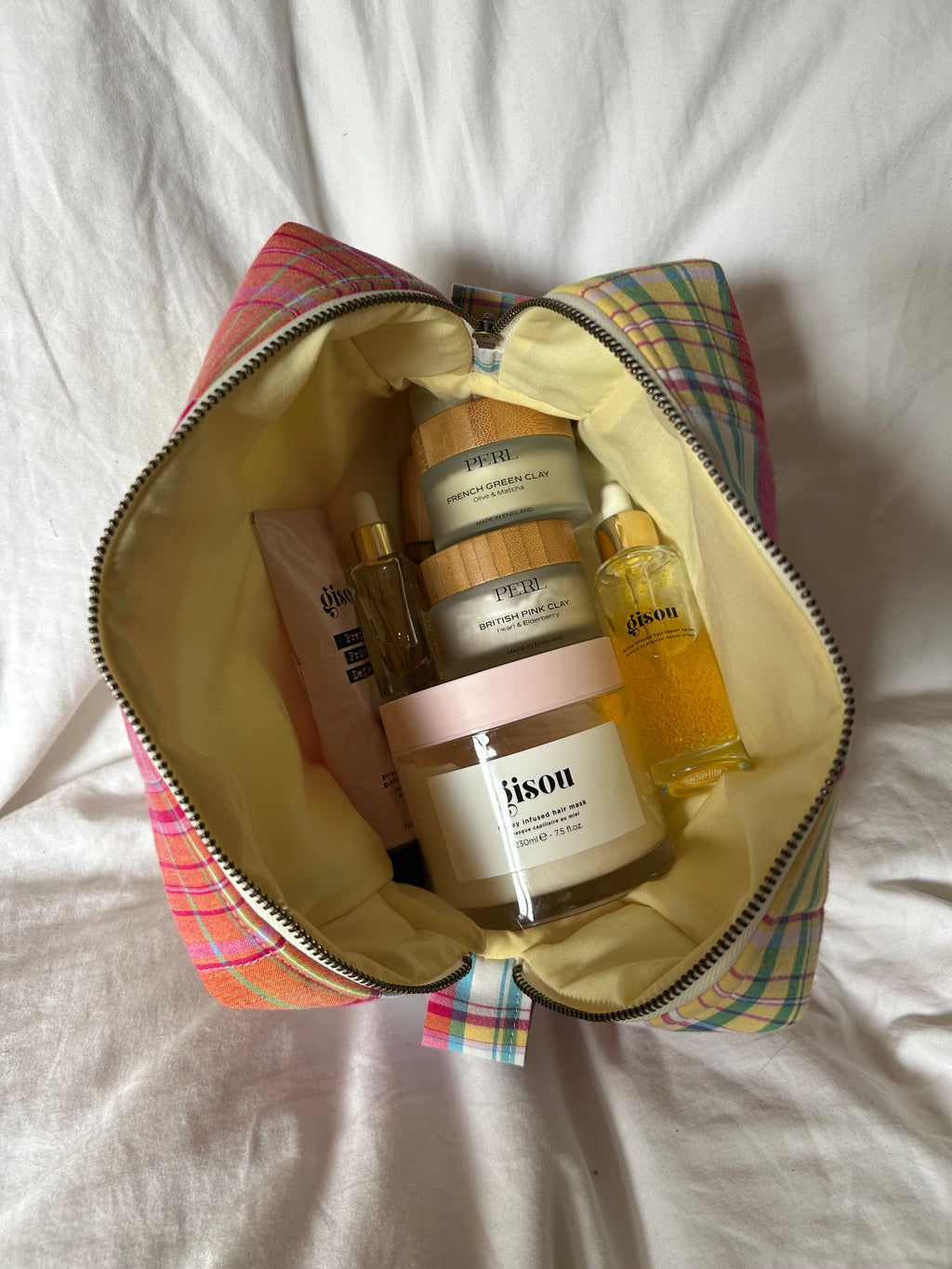 Pink and yellow makeup bag