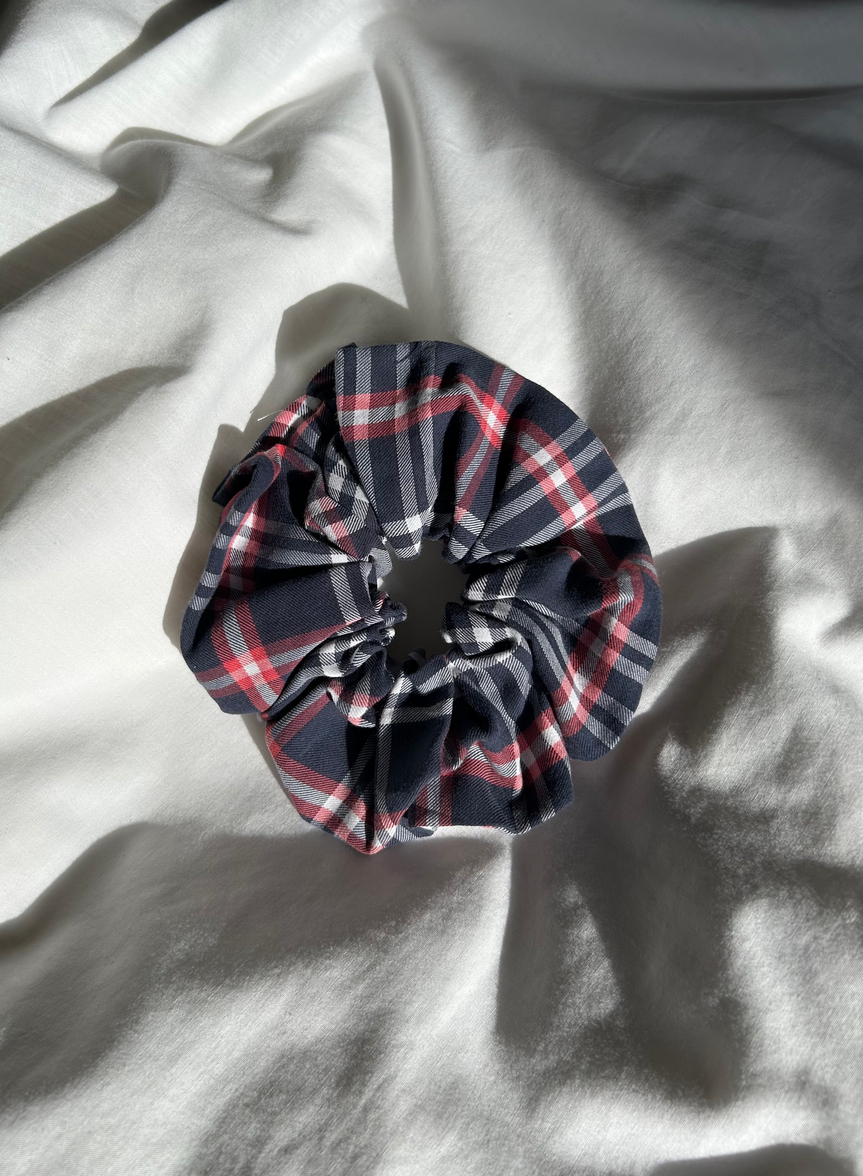 Blue, white and red plaid scrunchie