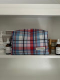 Pink, red and blue makeup bag