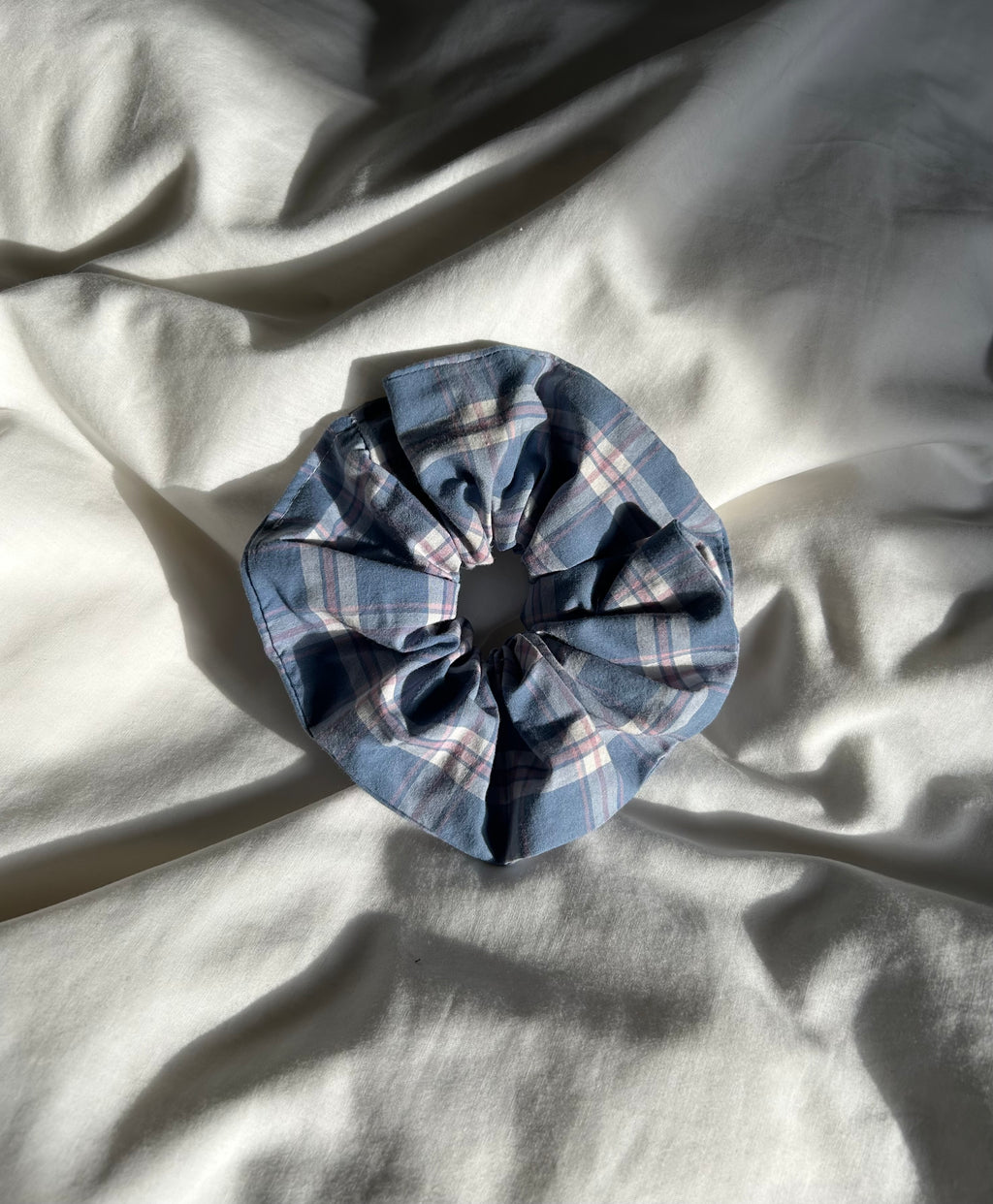 Blue and pink gingham scrunchie