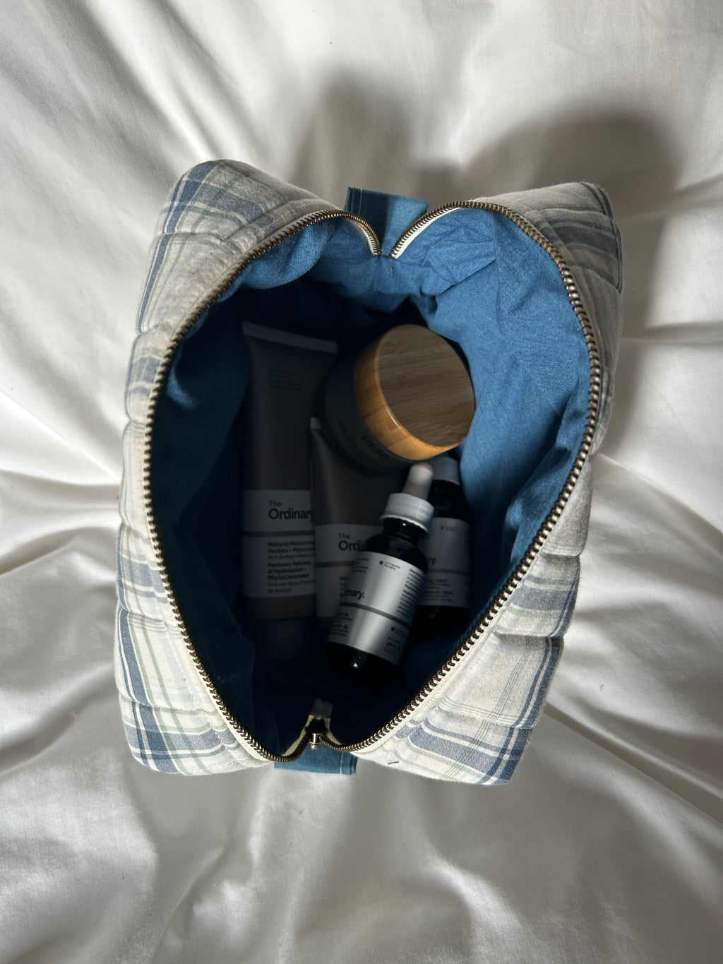 Blue and green makeup bag