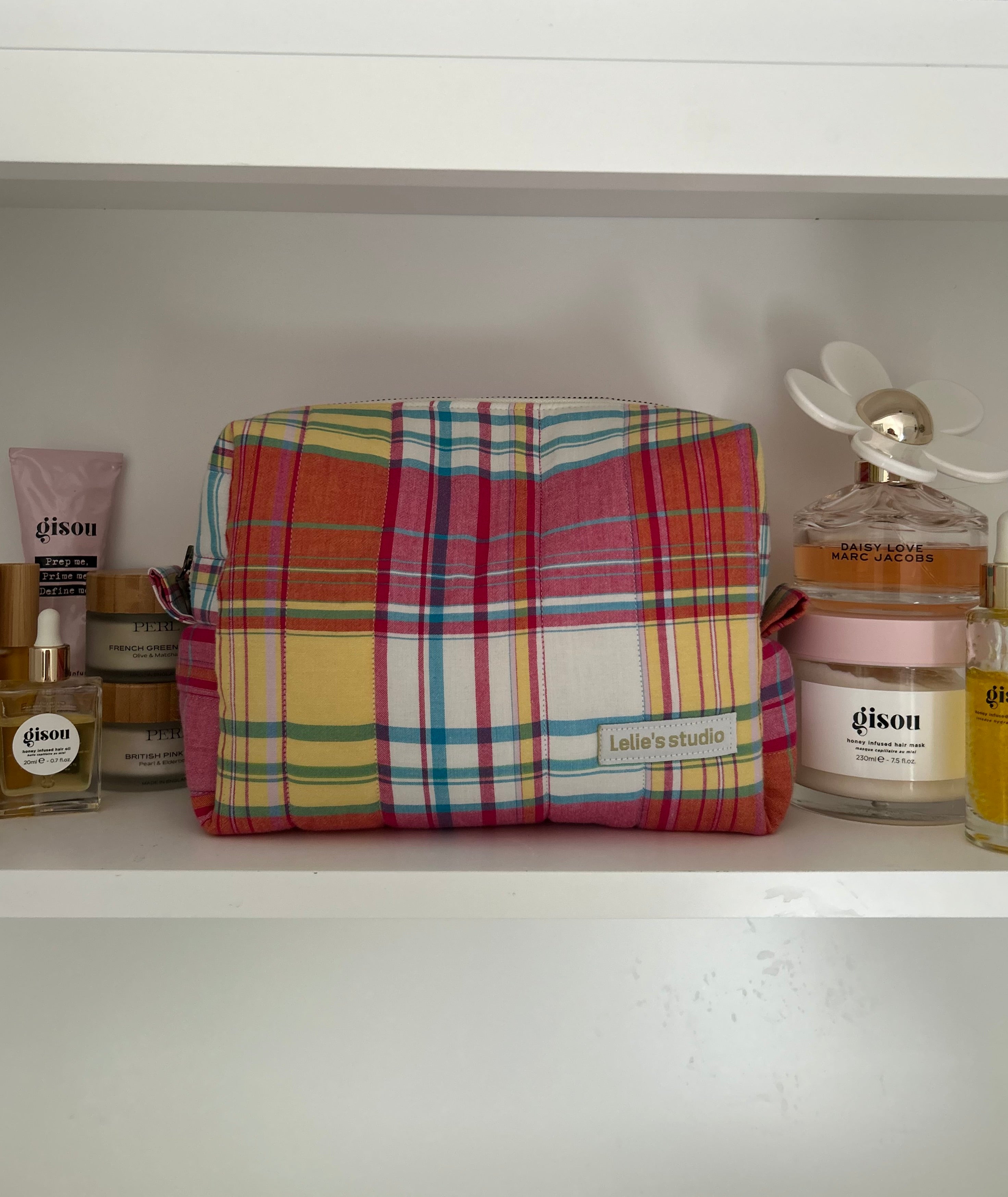 Pink and yellow makeup bag