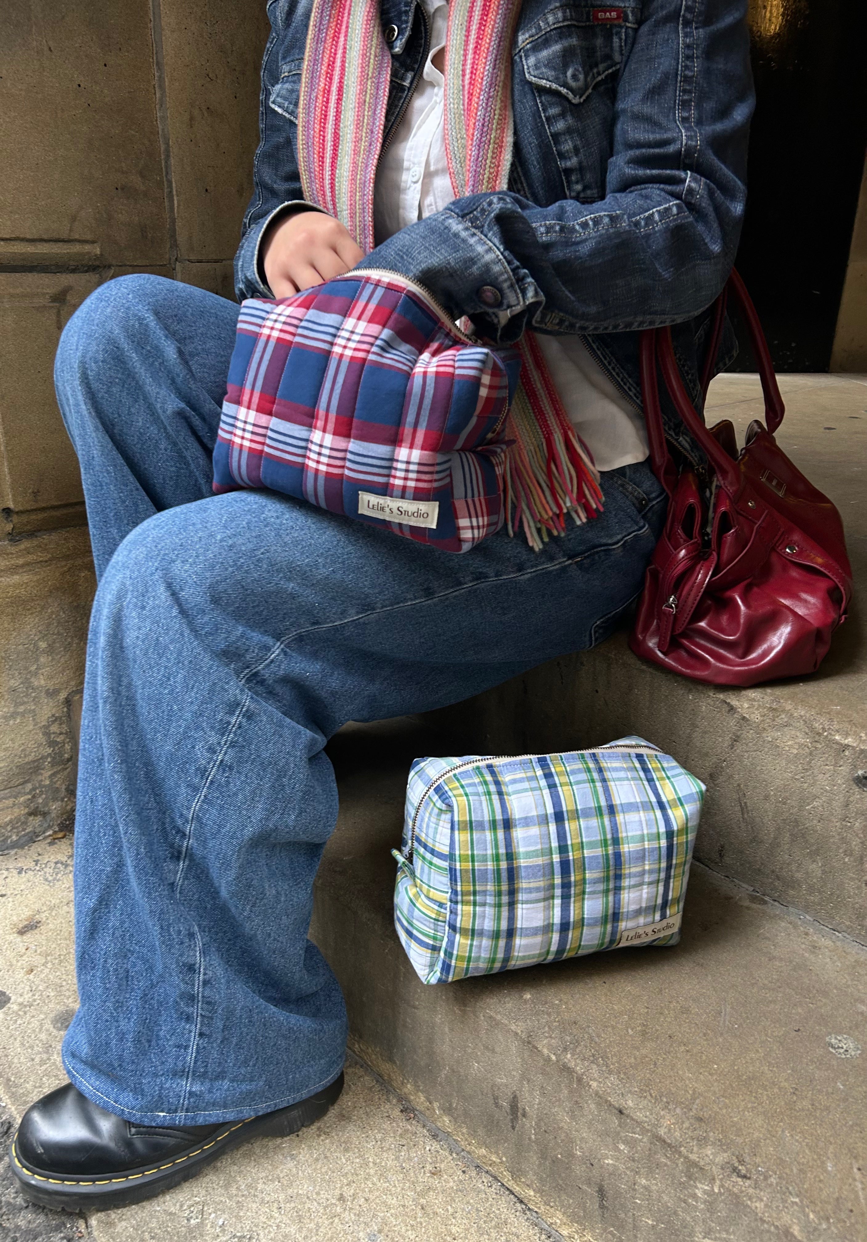 Blue and green makeup bag